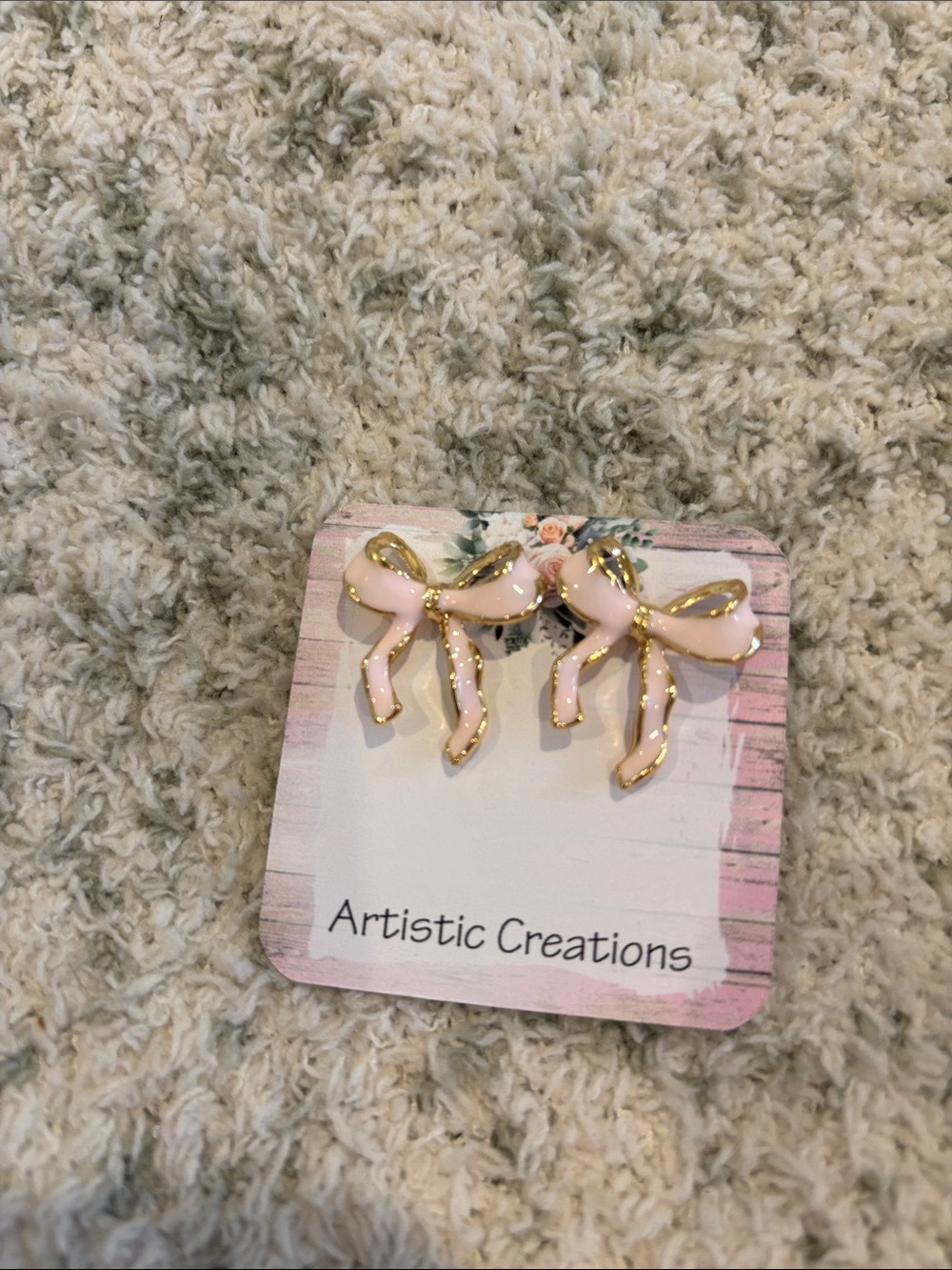 Pink Bow Enamel Fashion Pierced Earrings w Gold Trim NWT 1”x1”